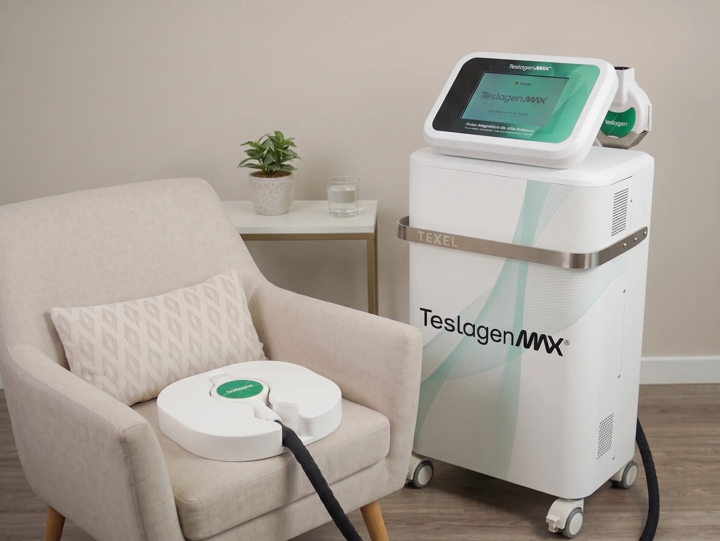 Teslagen MAX con el adaptador de sillón para tratamientos de piso pélvico